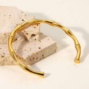 Gold bamboo cuff bracelet with sculptural design