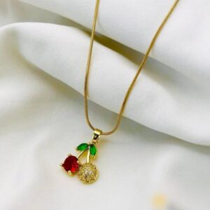Gold cherry pendant necklace with red gem