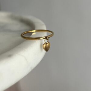 Dainty heart charm ring on gold band